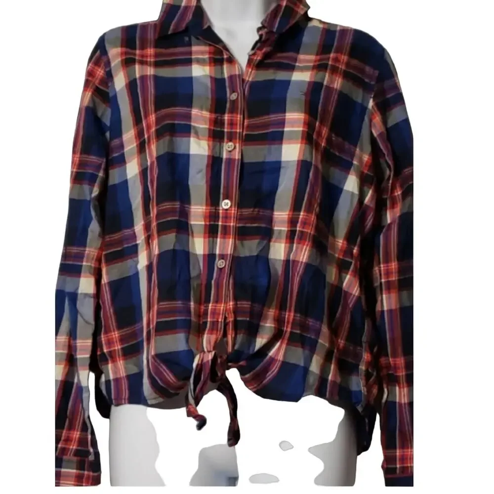 Tommy Hilfiger Front Tie Button Down LS Plaid  Blouse Size M